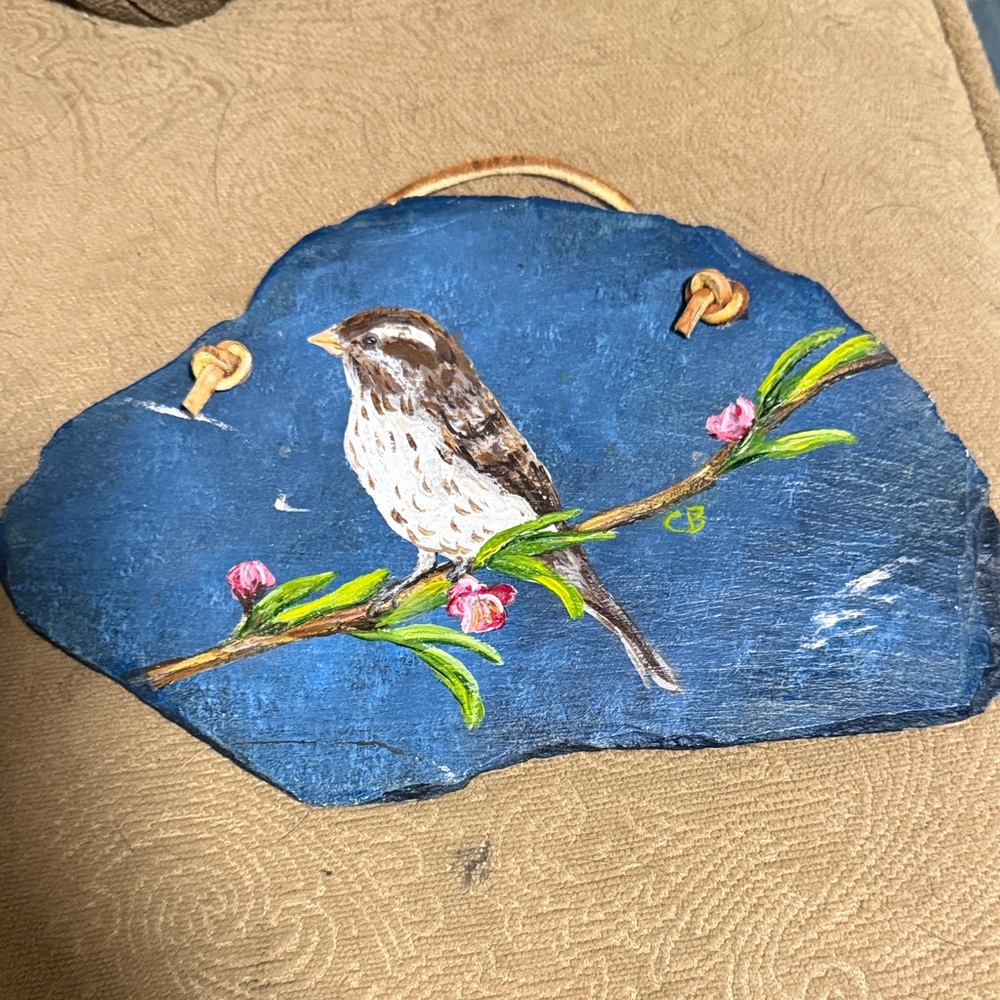 Hand-Painted song sparrow bird on Slate hanging